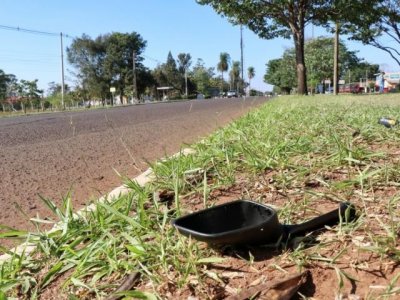 Retrovisor da motocicleta parou no canteiro da avenida. (Foto: Henrique Kawaminami)