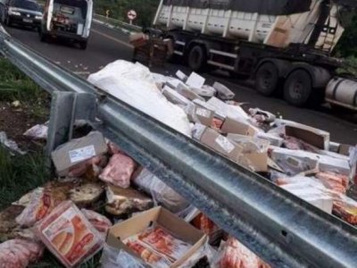 Carga ficou espalhada na pista e no barranco. (Foto: Reproduo/Sidrolndia News)