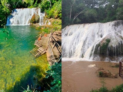 Antes e depois da Cachoeira da gruta, em janeiro, mostram o que ocorre quando o rio no  protegido