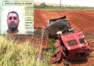 Caminho conduzido por Ederildo ficou totalmente destrudo aps capotar (Foto: T na Mdia Navira)