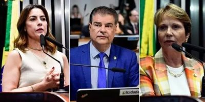 Da esquerda para direita, os senadores sul-mato-grossenses Soraya Thronicke (Podemos), Nelsinho Trad (PSD) e Tereza Cristina (PP) (Foto: Reproduo/Agncia Senado)