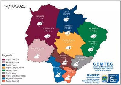 Mapa de MS com a previso do tempo para esta tera-feira (Arte: Cemtec)