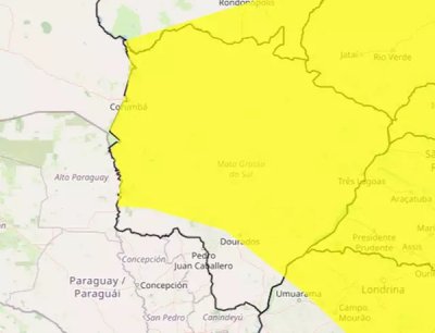 �rea em amarelo indica risco de tempestade na maior parte de MS (Arte: Inmet)