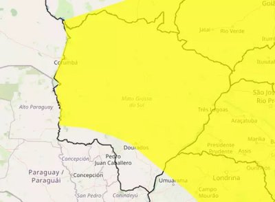 �rea em amarelo indica risco de tempestade at� o fim da noite (Arte: Inmet)