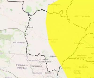 �rea em amarelo indica risco de tempestade em parte de MS (Arte: Inmet)