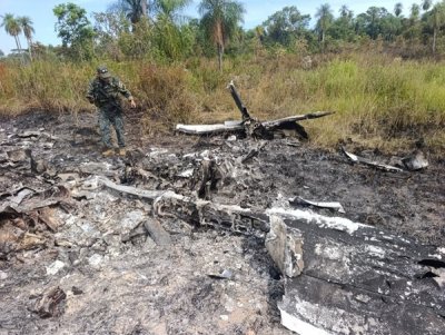 Agente federal anda sobre destro�os do avi�o incinerado em acampamento narco (Foto: Senad)
