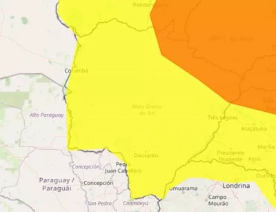 �reas em amarelo e laranja indicam risco de chuva intensa sobre todo MS