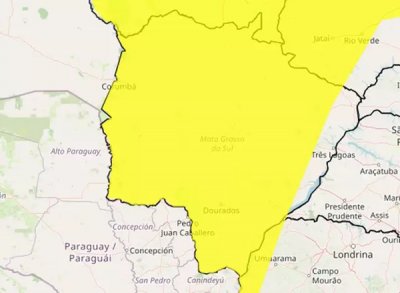 �rea em amarelo sob risco de chuva intensa at� o fim de domingo (Arte: Inmet)