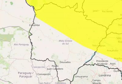 �rea em amarelo em alerta para risco de chuva intensa (Arte: Inmet)